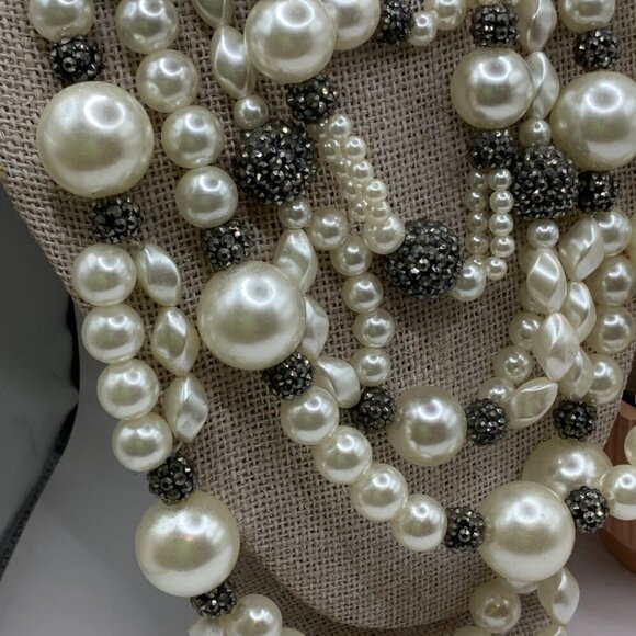 Julies B Multi Strands Faux Pearls Black Hematite Rhinestone Rondelles Necklace - Picture 6 of 8